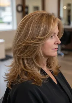 Fine hair cut into soft long layers and blow-dried for lift at the root
