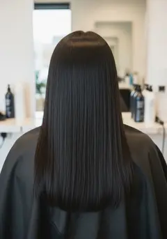 Very long dark hair after a smoothing treatment, glass-smooth with mirror shine