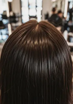Rich brunette hair after a gloss, with a high shine across the crown