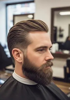A scissor cut with a side part and a carefully shaped, lined full beard