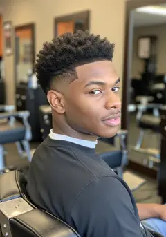 A crisp skin fade with a textured curly top and a sharp line-up