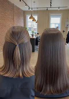 Side-by-side comparison of fine shoulder-length hair before and after extensions