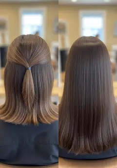 Side-by-side comparison of fine shoulder-length hair before and after extensions