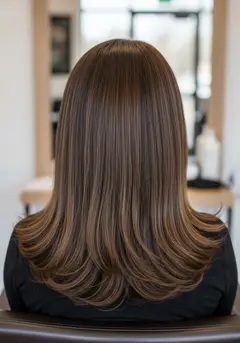 Long, dense hand-tied weft extensions blended seamlessly into medium-brown hair