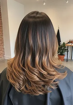 A seamless root melt from deep espresso at the scalp into caramel through the ends