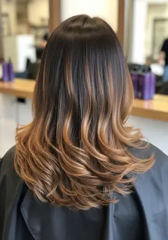 A seamless root melt from deep espresso at the scalp into caramel through the ends